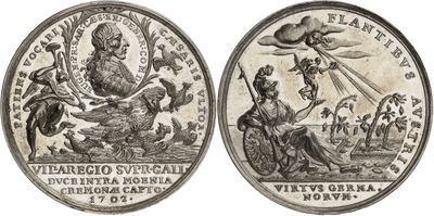 a drawing of a coin with a woman on it and a man on a horse