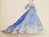 a drawing of a woman in a blue dress with a fan