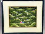 painting of a landscape with houses and trees in a black frame
