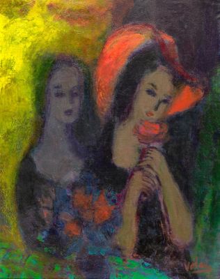 une peinture à l'huile représentant une femme au chapeau rouge et une femme en robe noire