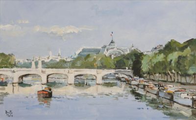 une peinture représentant des bateaux sur l'eau près d'un pont