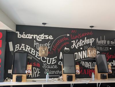 a picture of a restaurant with a chalkboard wall behind it