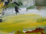 an oil painting of a tree in a field with yellow and green leaves