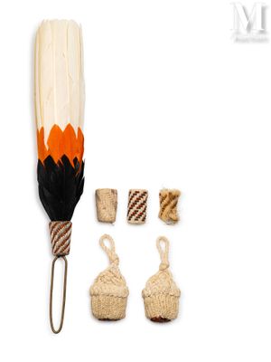 an image of a feather and some other items on a white surface
