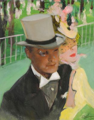 tableau représentant un homme et une femme en tenue de cérémonie, assis sur un banc