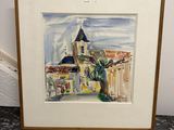 aquarelle encadrée représentant une église avec un clocher en arrière-plan
