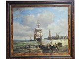 framed oil painting of ships on the beach with people on the shore
