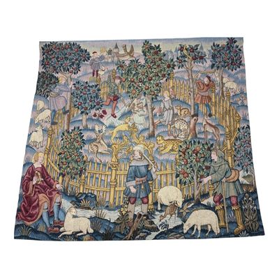 an image of a tapestry with a picture of people and animals