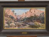 an oil painting of a desert scene with palm trees in the foreground