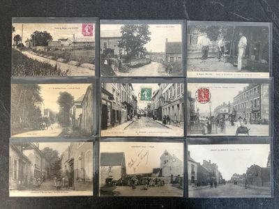 several old black and white photographs of a street in a town