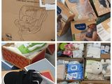 several pictures of baby products in boxes and a baby in a car seat