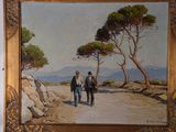 a painting of two people walking down a dirt road