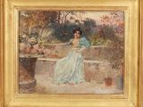 une image d'un tableau représentant une femme assise sur un banc