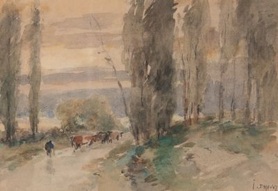 a painting of a man walking down a road with horses