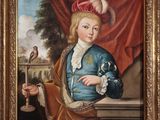 portrait d'un garçon avec un oiseau et une cage à oiseaux, dans un cadre doré