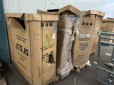 several cardboard boxes are stacked on top of each other in a warehouse