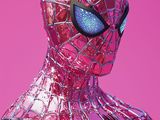 a close up of a spider - man statue on a pink background