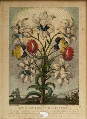 an old print of a bouquet of flowers in a frame