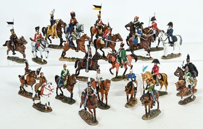 many figurines of men riding horses and holding flags