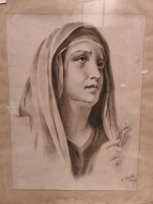 dessin représentant une femme portant un voile sur la tête, dans un cadre