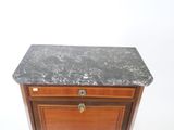 a small cabinet with a marble top on a white background