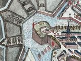 a drawing of a castle with a moat in the middle of it