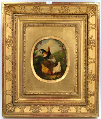 une image représentant un tableau où l'on voit un coq et des poules dans un champ