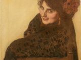 painting of a woman sitting in a chair wearing a leopard print scarf