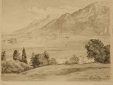 dessin représentant une vue sur un lac avec des montagnes en arrière-plan