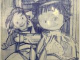 drawing of a boy and girl sitting in a chair with a doll
