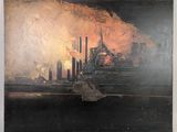an image of a painting of a factory with smoke coming out of it