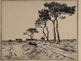 une image représentant un dessin d'arbres dans un champ, avec une maison au loin