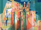 a picture of a painting of people walking on the street