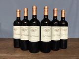 six bottles of wine are lined up on a wooden table