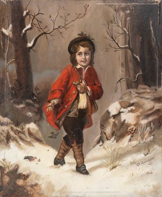 une image représentant un tableau où l'on voit un garçon marchant dans la neige