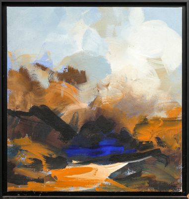 une peinture à l'huile représentant un paysage avec une rivière et des montagnes en arrière-plan