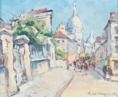 peinture d'une scène de rue avec une église en arrière-plan