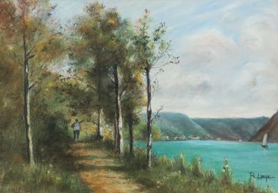 a painting of a man walking down a path by the water
