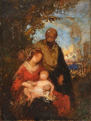 un tableau représentant un homme et une femme tenant un bébé dans leurs bras, au milieu d'un paysage