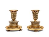 pair of antique brass candlesticks on stand with red glass