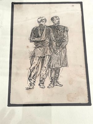 dessin représentant deux hommes debout l'un à côté de l'autre devant un mur blanc