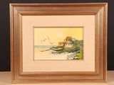painting of a boat on a beach with a house in the background