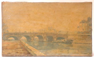 l'image d'une peinture représentant un pont au-dessus d'une étendue d'eau