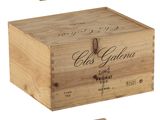 three wooden wine boxes with labels on them on a white background