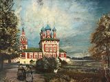 painting of a painting of a church in a rural setting