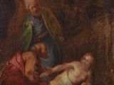 a painting of a man and woman in a cave with a baby