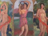 three paintings of a woman with a red ribbon in front of them