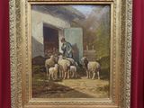 un tableau représentant un homme à cheval avec un troupeau de moutons