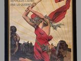 painting of a woman in a red dress holding a hammer in front of a group of men