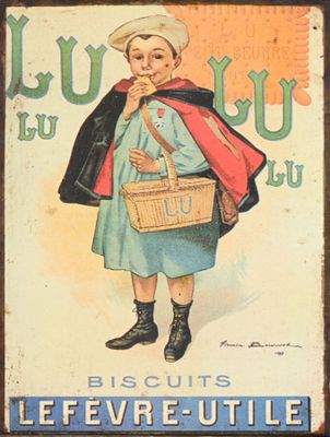 Panneau français représentant une boîte à biscuits, avec un petit garçon tenant un panier de biscuits